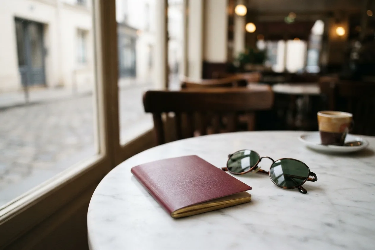Reisepass und Sonnenbrille auf einem Cafétisch